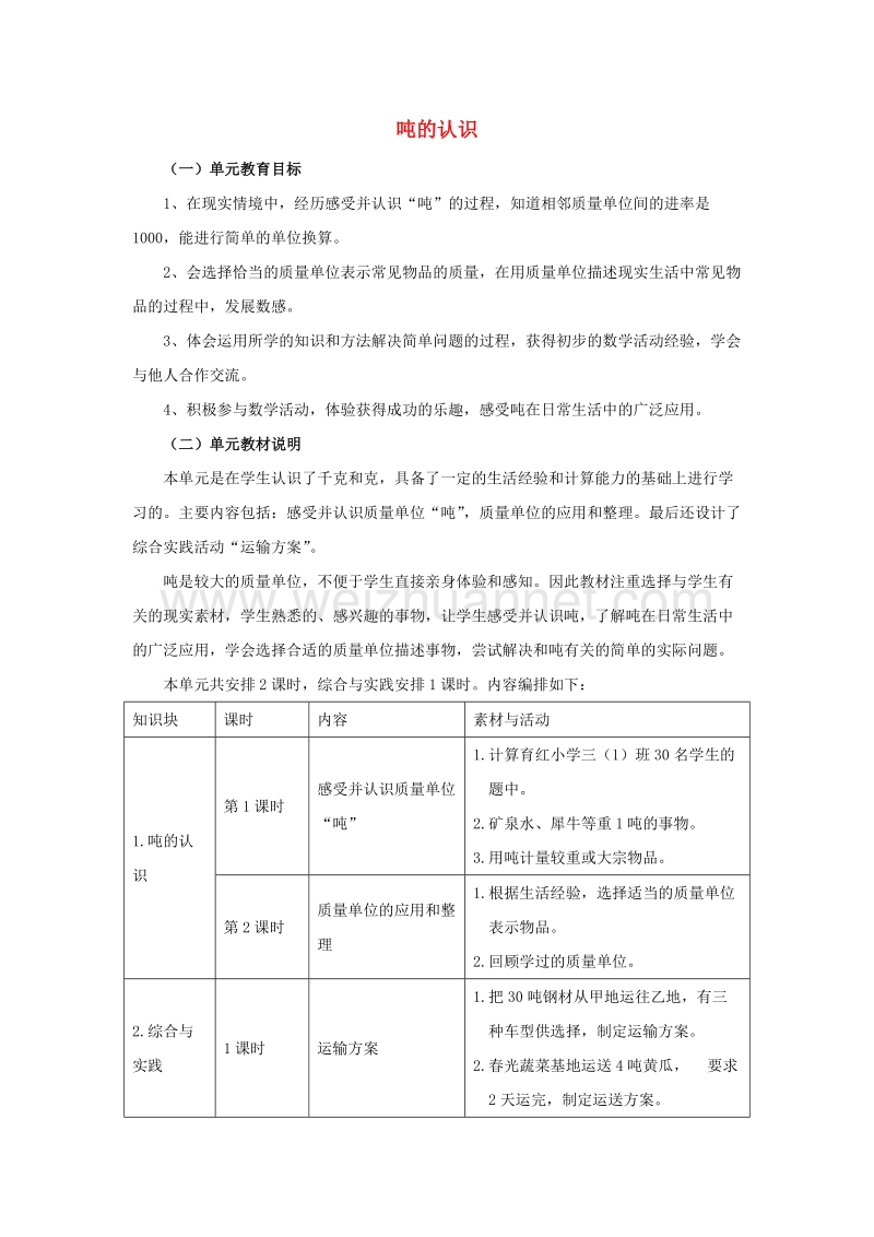 [同步课堂]2016年三年级数学上册第7单元吨的认识教材内容说明冀教版.doc_第1页