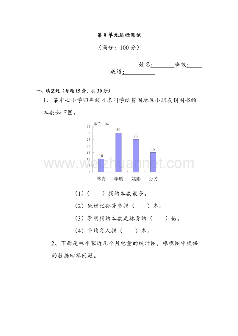 苏教版四年级数学上册第九单元试卷.doc_第1页