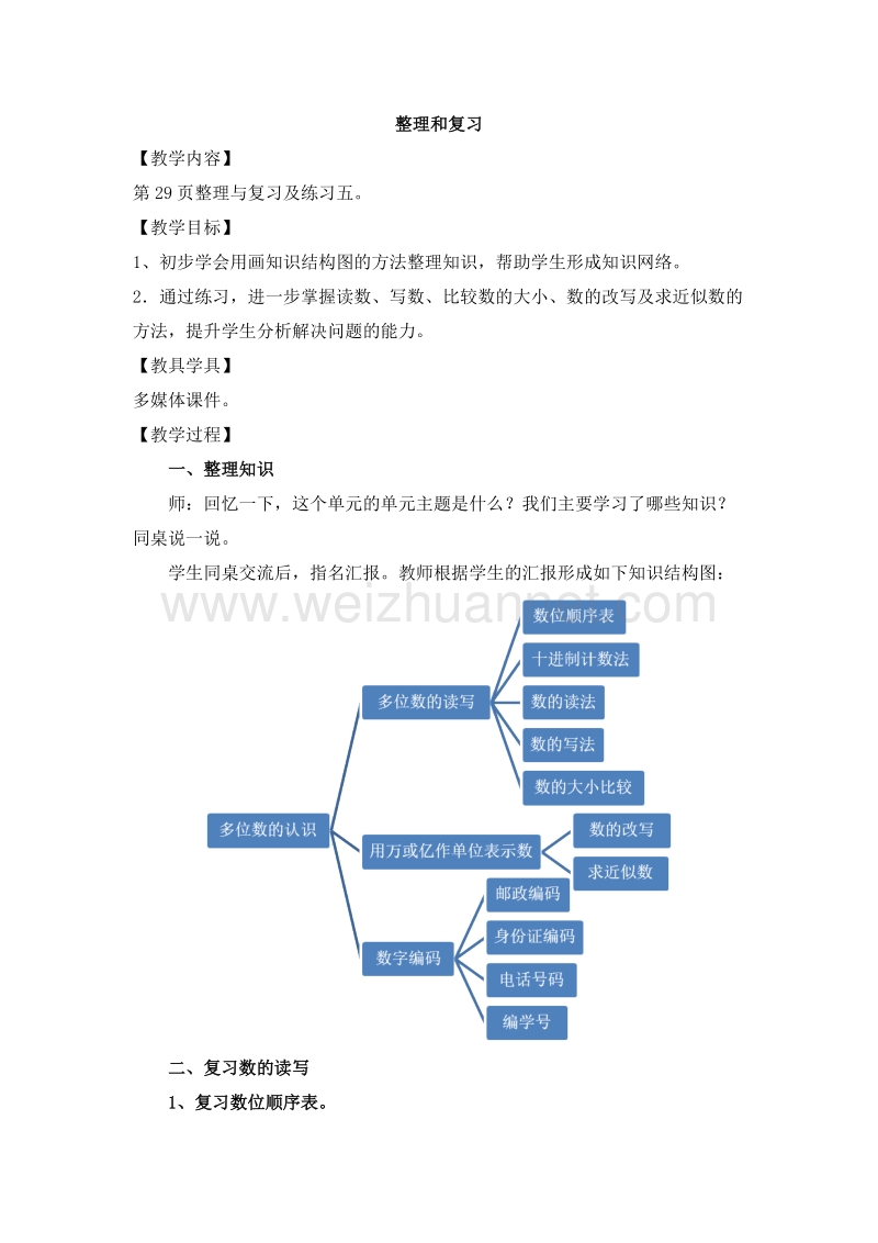 （西师大版） 2015秋四年级数学上册 2.4 多位数的认识 整理复习 教学设计.doc_第1页