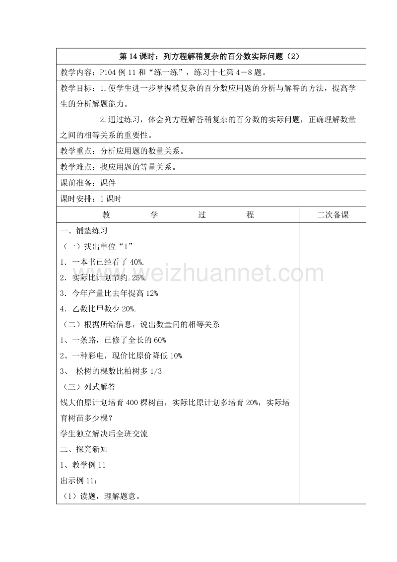 2016六年级上册数学教案：6.14 列方程解稍复杂的百分数实际问题（2）（苏教版）.doc_第1页