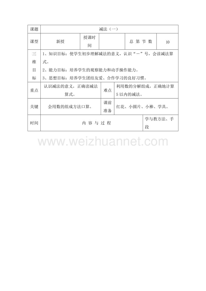 (人教标准版)一年级数学上册教案 第三单元 1~5的认识和加减法 减法（一）.doc_第1页