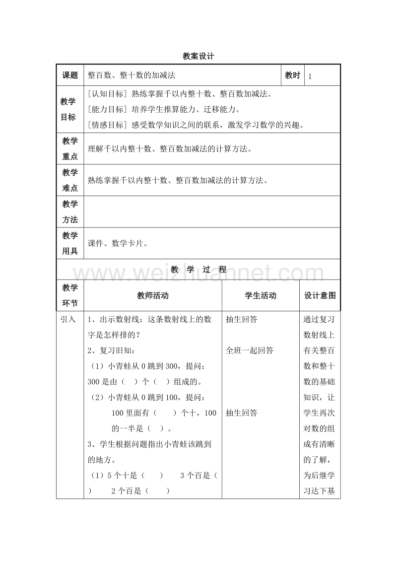 2016沪教版二年级数学下册 三、三位数的加减法 整百数、整十数的加减法 教案设计.doc_第1页