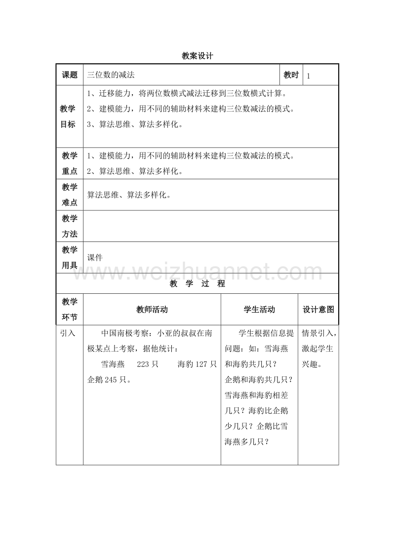 2016沪教版二年级数学下册 三、三位数的加减法 三位数的减法 教案设计.doc_第1页