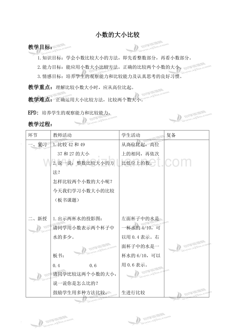 三年级数学下册教案 小数的大小比较（北京课改版）.doc_第1页