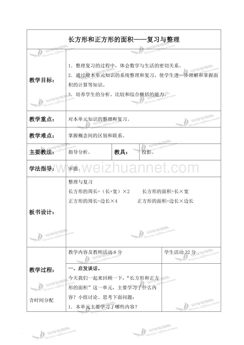 三年级数学下册教案 长方形和正方形的面积——复习与整理（北京课改版）.doc_第1页