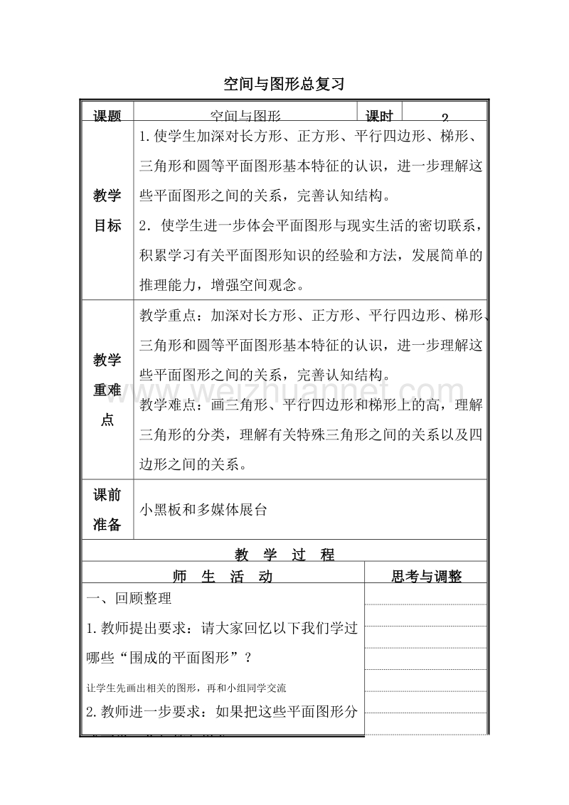 2017年（北京课改版）六年级数学下册教案 空间与图形总复习2.doc_第1页