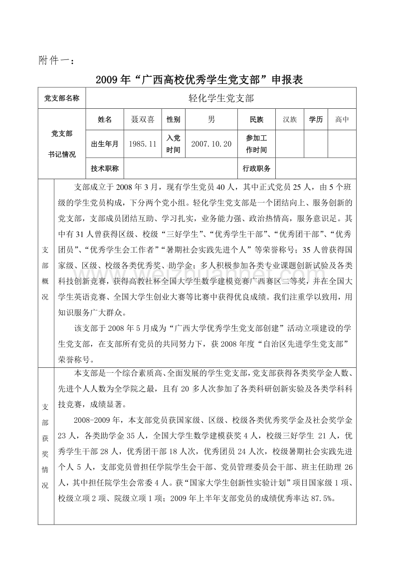 09.05 优秀学生党支部申报表.doc_第1页