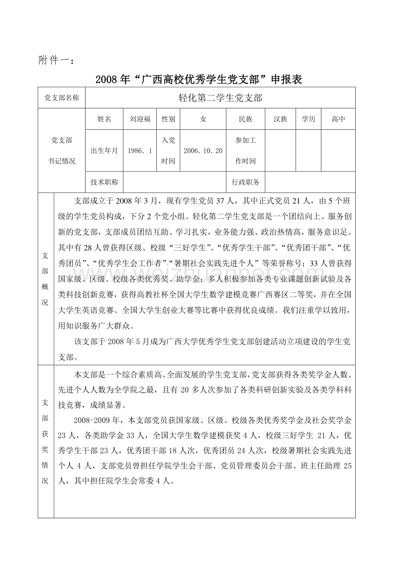 08广西高校优秀学生党支部申报表.doc_第1页