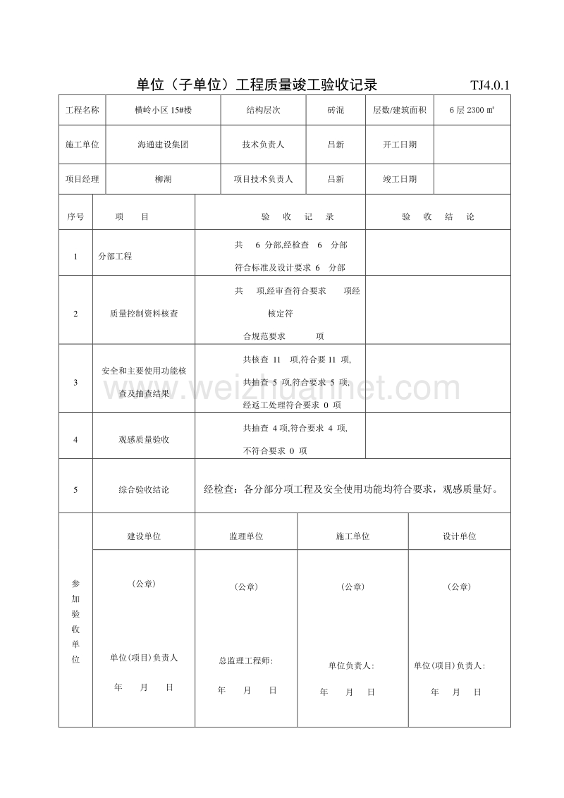 401单位工程质量竣工验收记录.doc_第1页