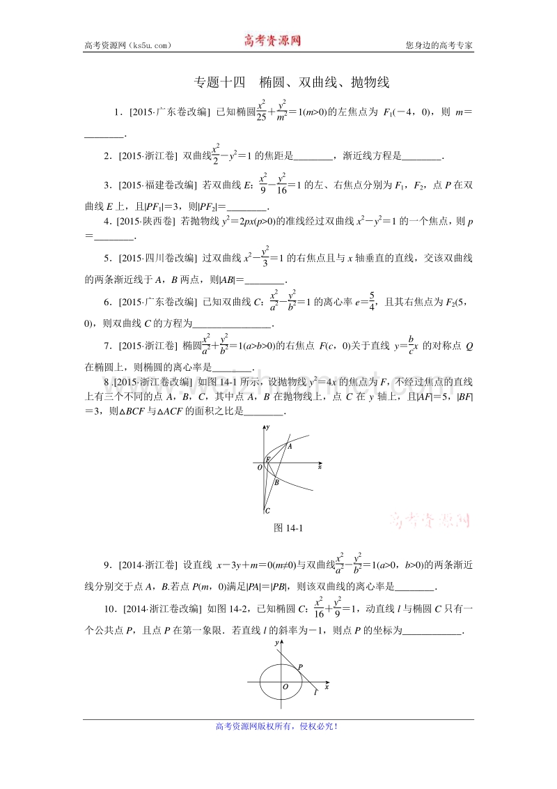 高考复习方案2016届高考数学（理科浙江专用）二轮专题复习课时作业：专题十四　椭圆、双曲线、抛物线 word版含答案.doc_第1页