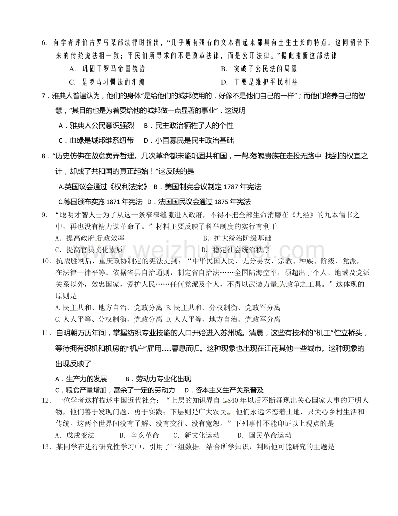 江西省余江县第一中学2016届高三上学期第二次模拟考试历史试题.doc_第2页