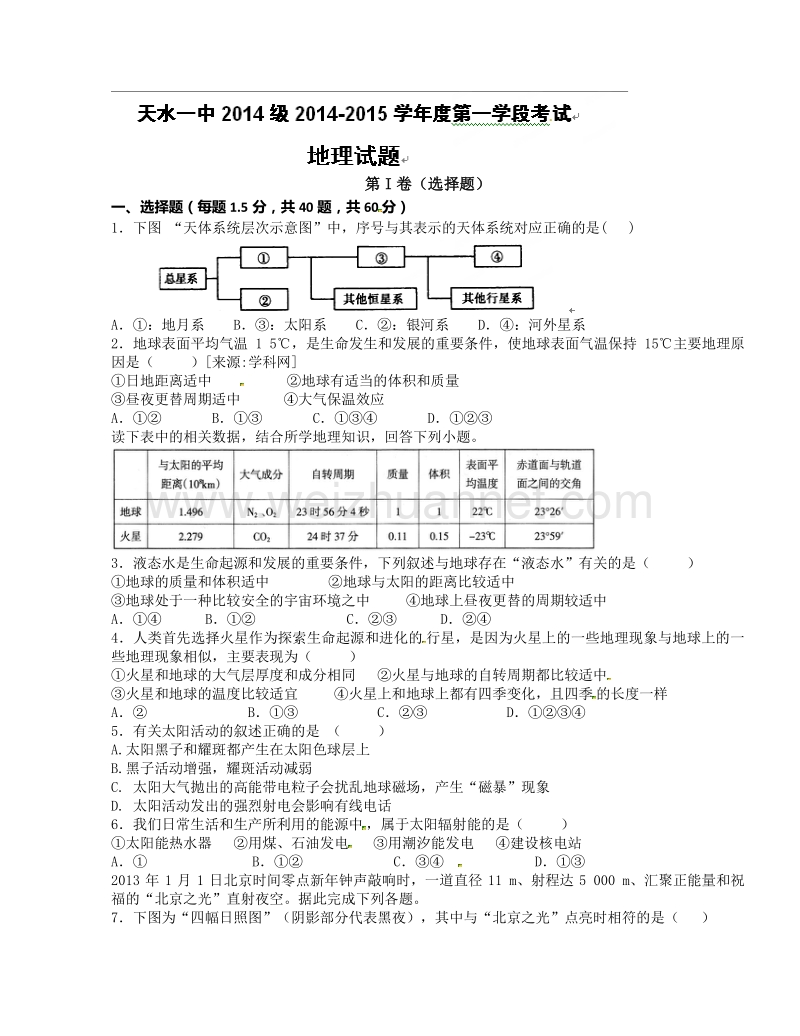 甘肃省天水市第一中学2014-2015学年高一上学期第一学段（期中）考试地理试题.doc_第1页