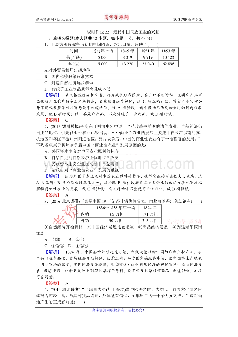 【师说】2017届高三历史人民版一轮复习课时作业22 近代中国民族工业的兴起 word版含解析.doc_第1页