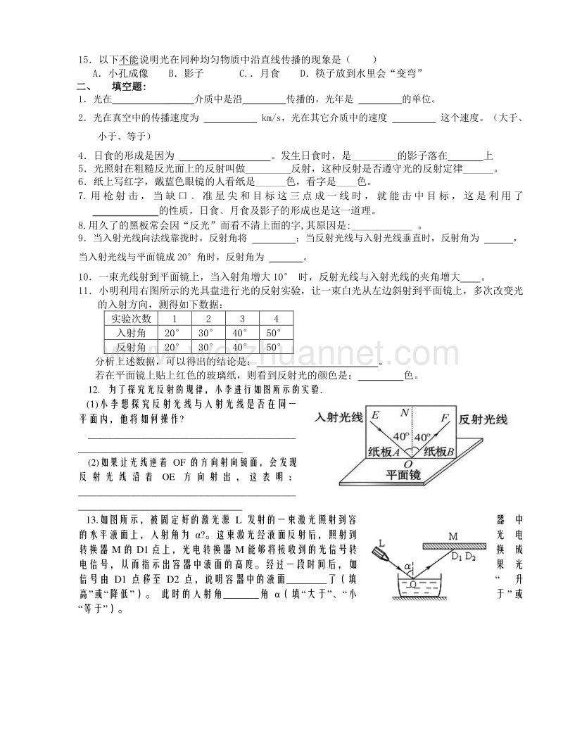 浙教版科学七年级下第二章第5节光的反射和折射（光和颜色、光的反射测验）（无答案）.doc_第2页