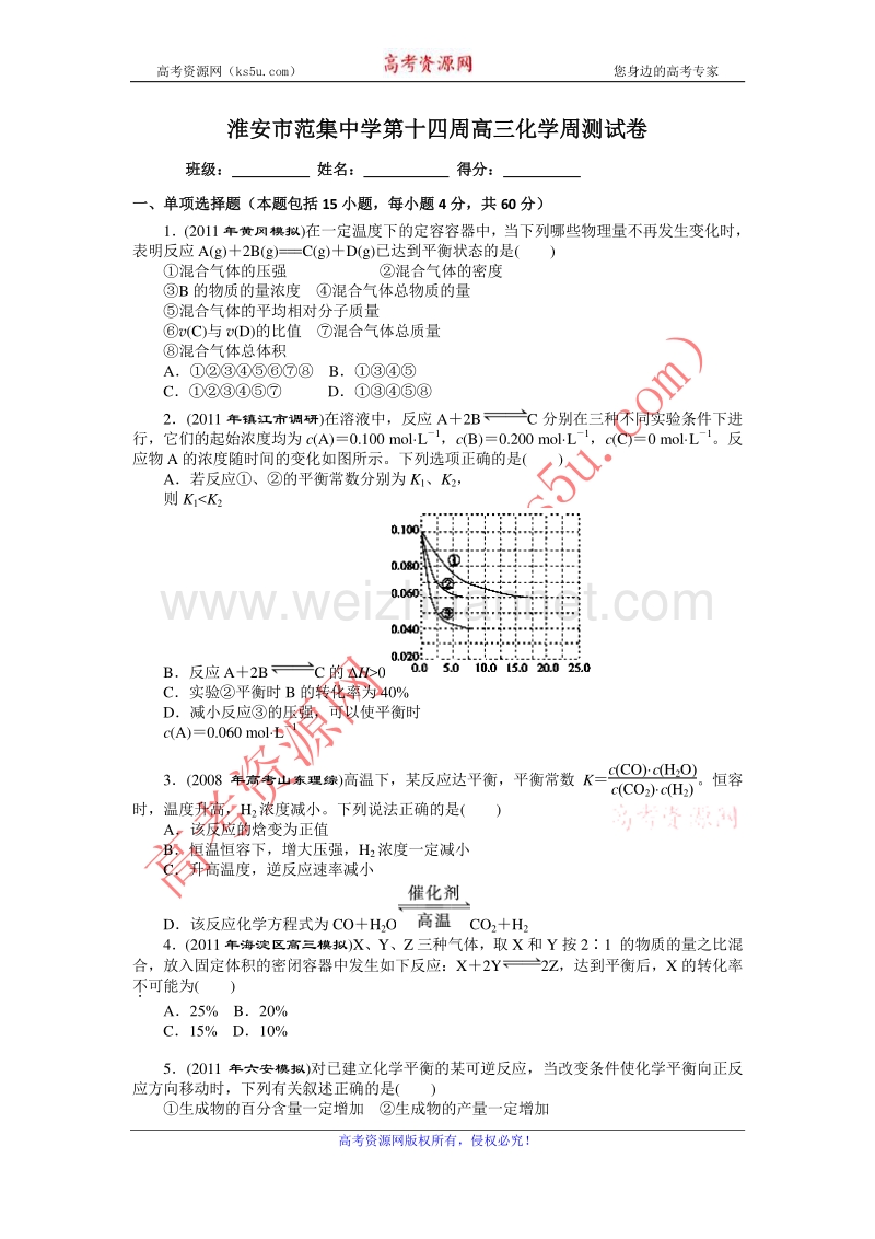 江苏省淮安市范集中学2012届高三第十四周周测化学试题（无答案）.doc_第1页