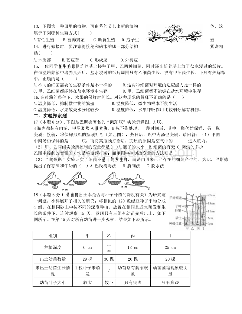 浙教版七下科学第1章 代代相传的生命能力 提升测试（无答案）.doc_第2页