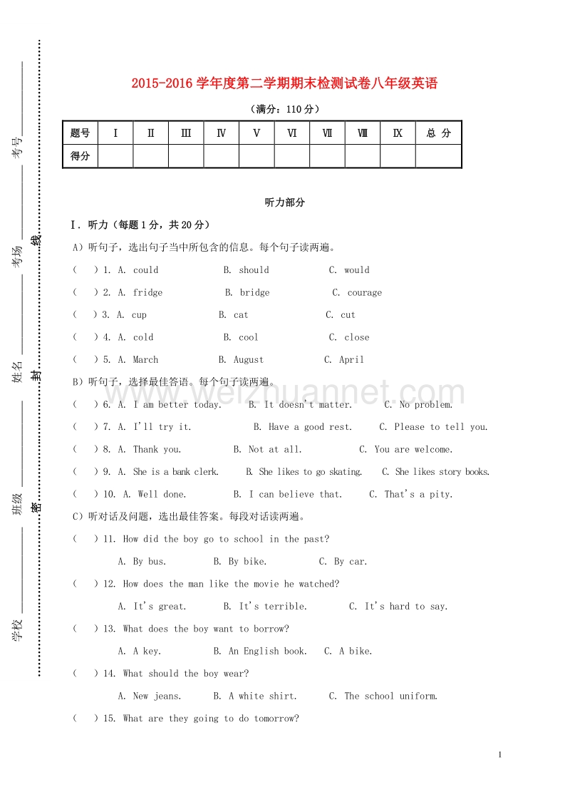 甘肃省敦煌市2015-2016学年八年级英语下学期期末考试试题.doc_第1页