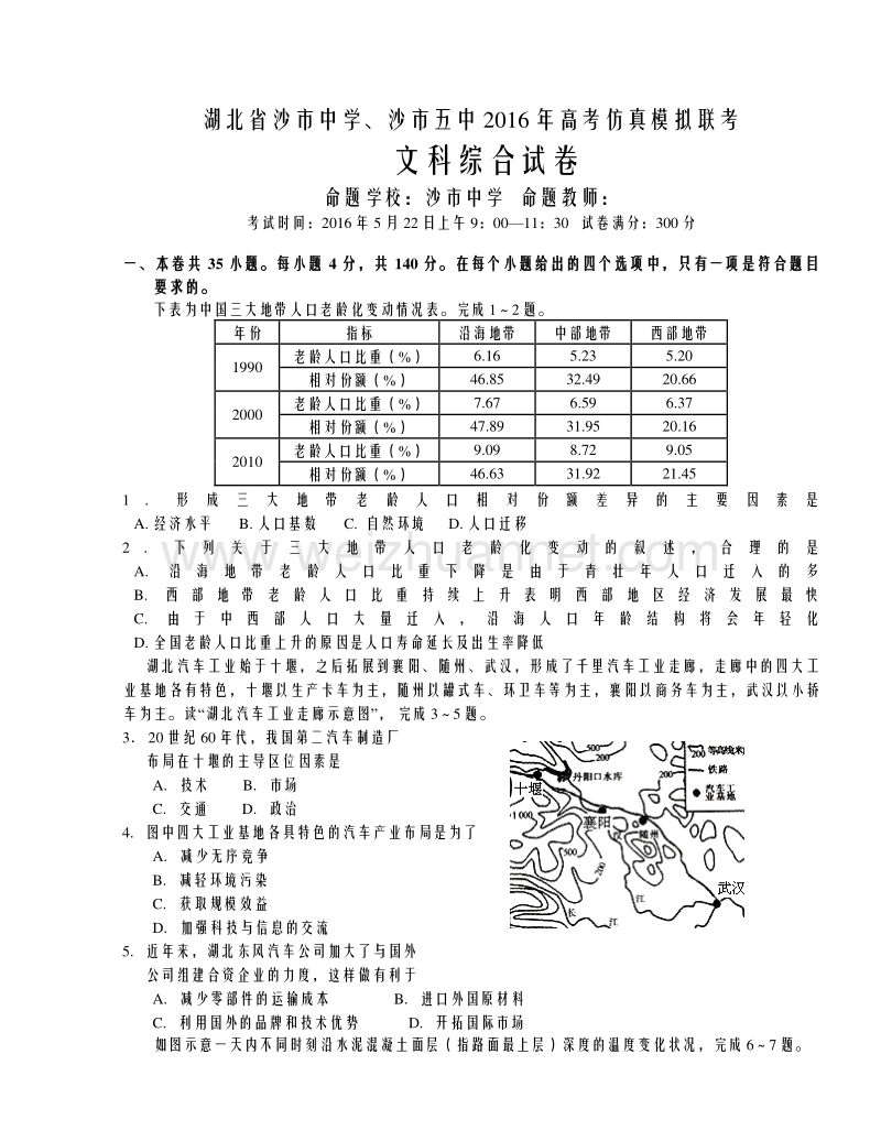 湖北省沙市中学、沙市五中2016年高考仿真模拟联考文科综合试题.doc_第1页