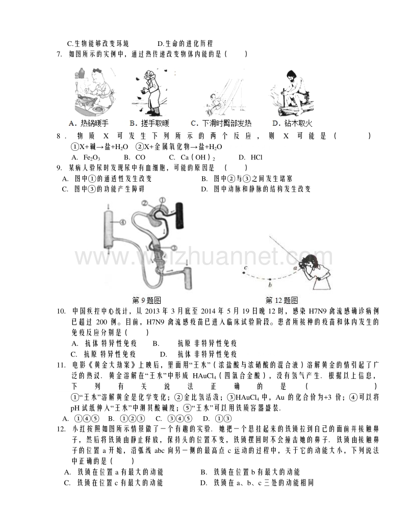 浙教版九年级中考复习一轮科学分层培优测试：九上科学目标分层测试十八（期末测试模拟）.doc_第2页