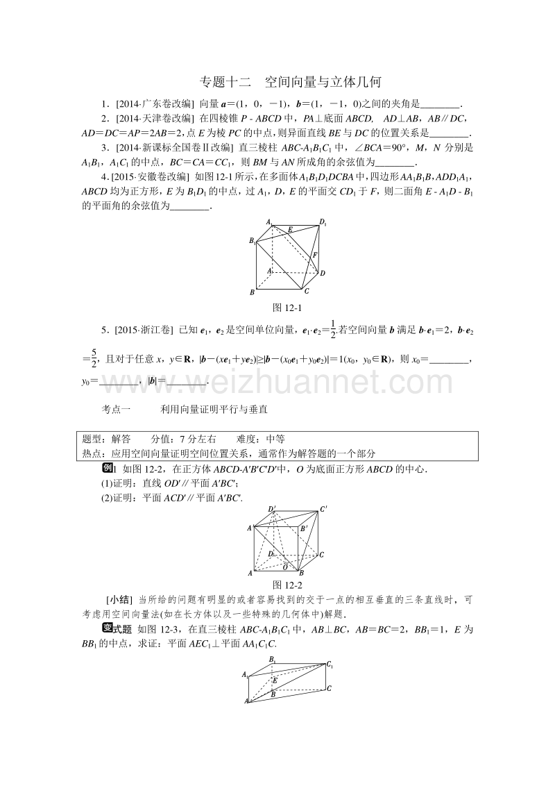 高考复习方案2016届高考数学（理科浙江专用）二轮专题复习课时作业：专题十二　空间向量与立体几何 word版含答案.doc_第1页