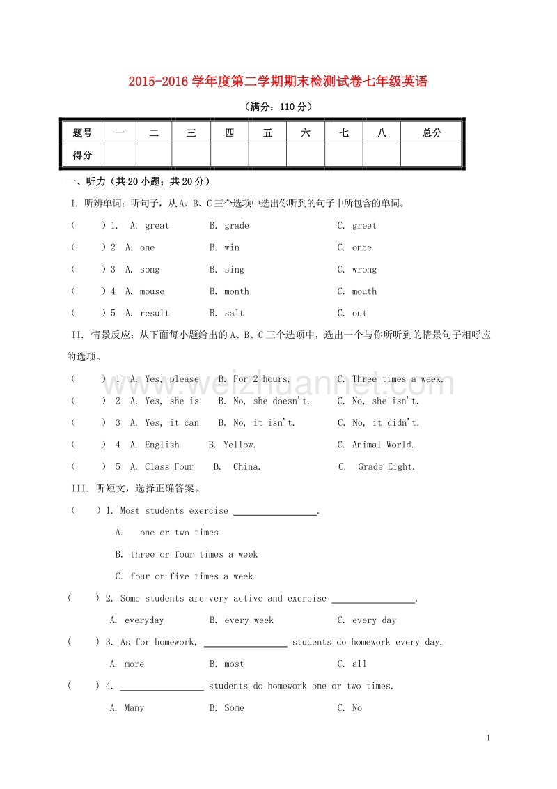 甘肃省敦煌市2015-2016学年七年级英语下学期期末考试试题.doc_第1页