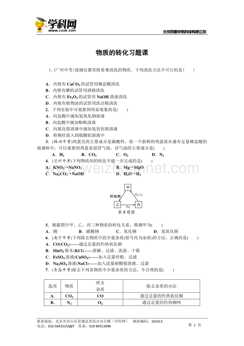 浙教版九年级（上）课堂同步练习：第二章 物质的转化习题课.doc_第1页