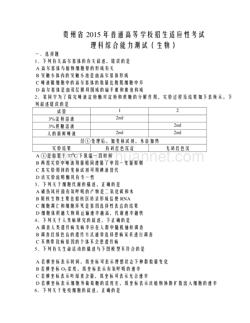 贵州省2015届普通高等学校招生适应性考试理综试卷.doc_第1页