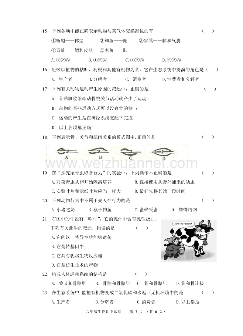 人教版-八年级-上---生物---期中检测--考试试卷-(2).doc_第3页