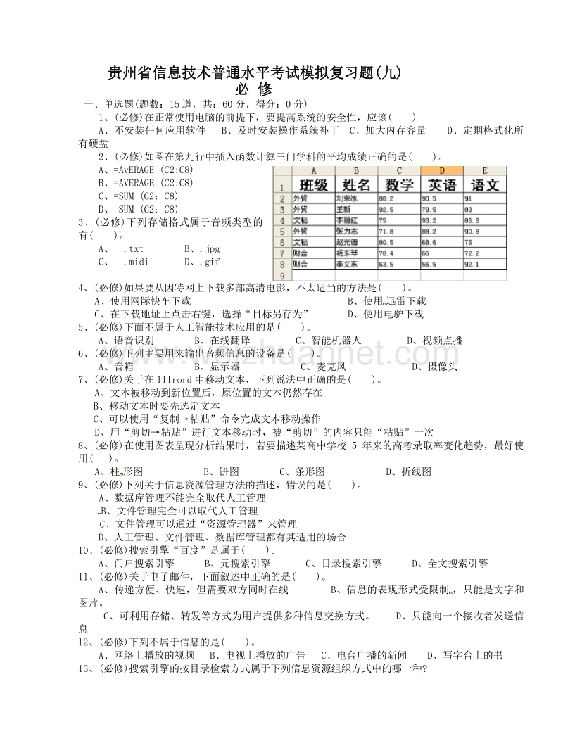 贵州省2012年信息技术普通水平考试模拟复习题(九).doc_第1页