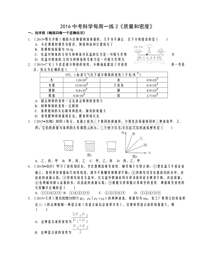 经典好题：浙江省2016年中考科学每周一练2《质量和密度》.doc_第1页