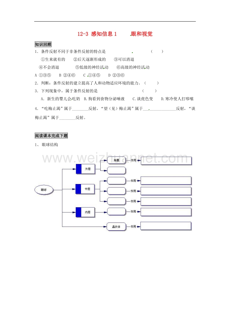 2018年江苏省南京市七年级生物下册12.3感知信息学案1（无答案）（新版）苏教版.doc_第1页