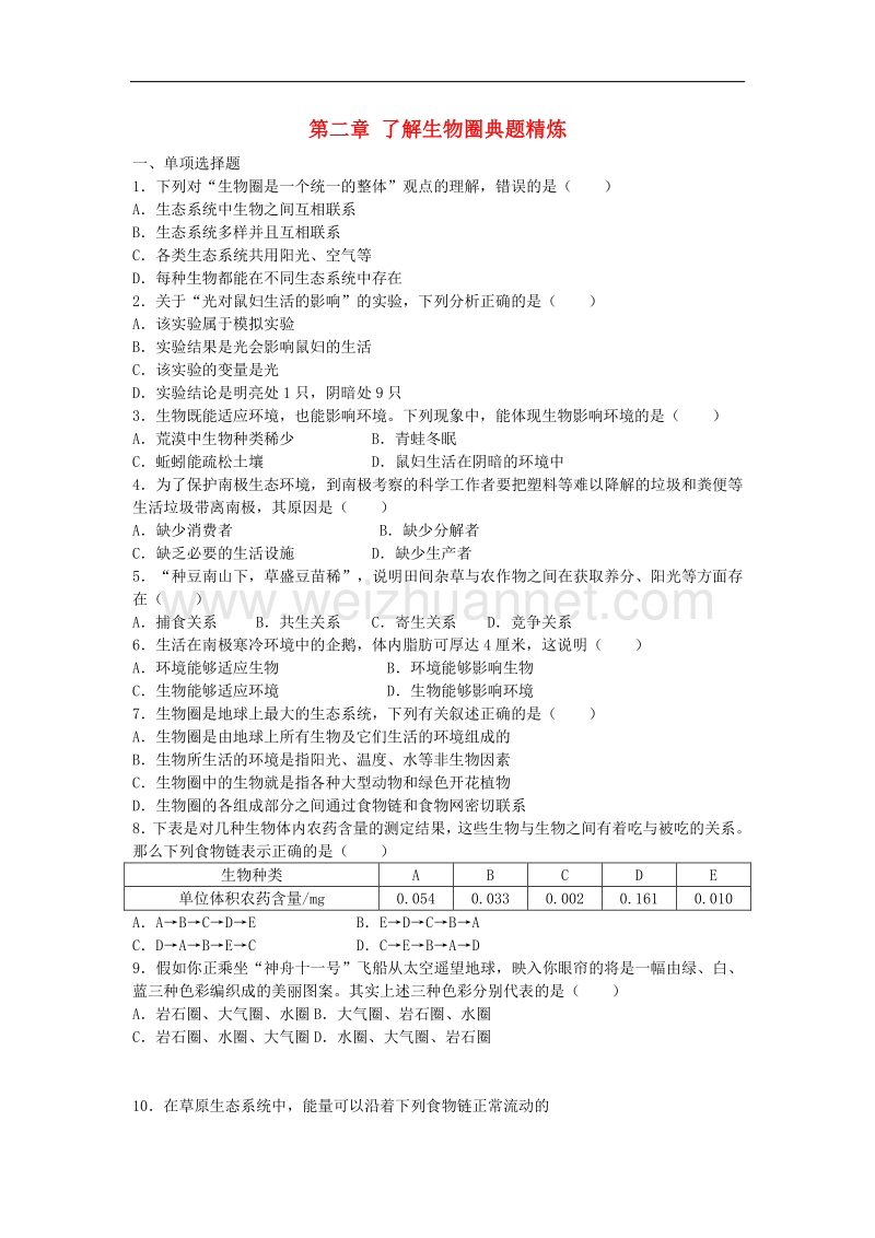 广东省深圳市2017版中考生物总复习第一单元第二章了解生物圈典题精炼（无答案）.doc_第1页