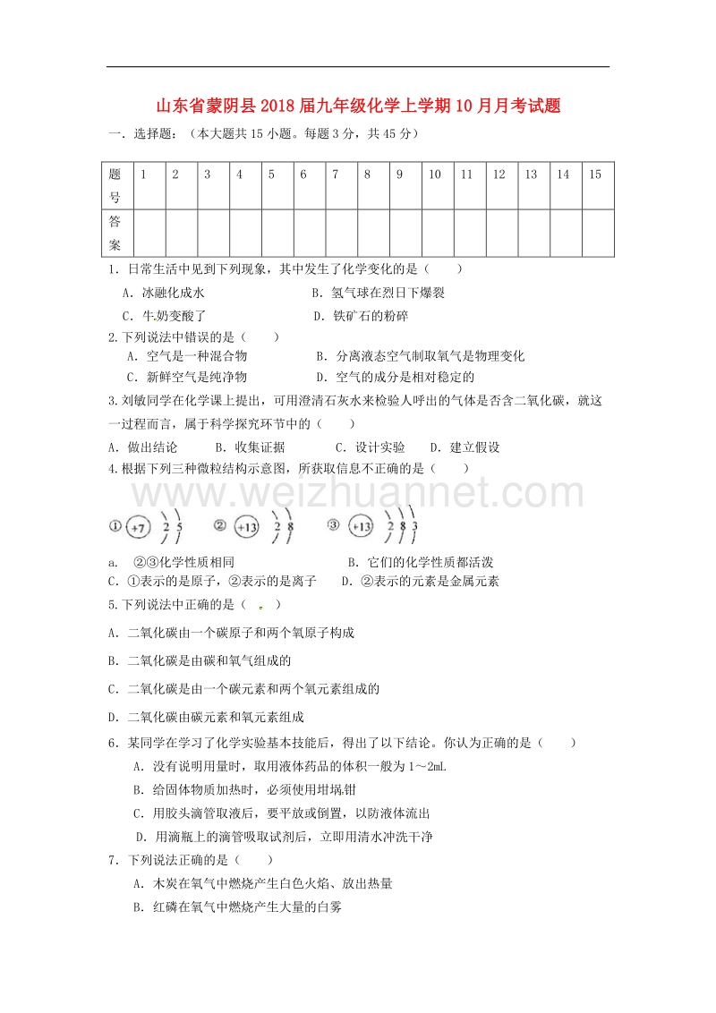 山东省蒙阴县2018版九年级化学上学期10月月考试题鲁教版.doc_第1页