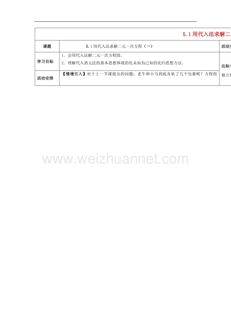 2017学年度八年级数学上册5.2用代入法求解二元一次方程导学案（无答案）（新版）北师大版.doc_第1页