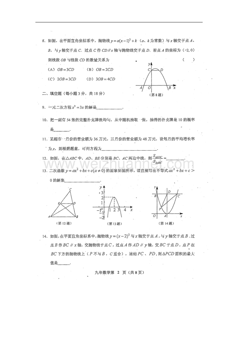 吉林省榆树市2018版九年级数学上学期期末考试试题（无答案）新人教版.doc_第2页