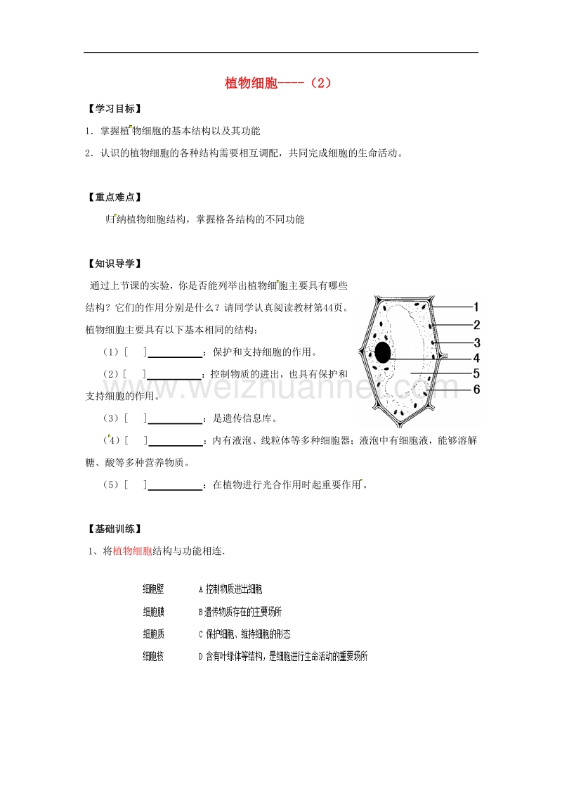 2018年山东省临沂市七年级生物上册2.1.2植物细胞学案2（无答案）（新版）新人教版.doc_第1页