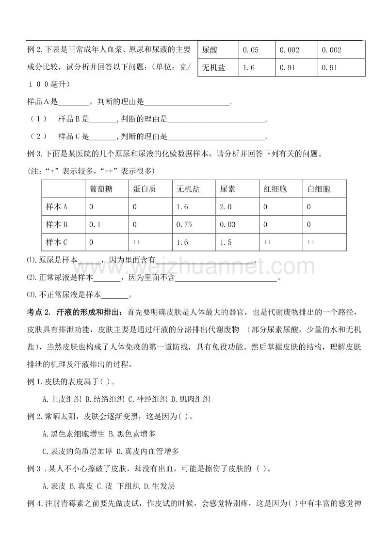 2016年七年级生物下册 第3单元 第4章 人体内代谢废物的排出复习学案（无答案） 济南版.doc_第2页