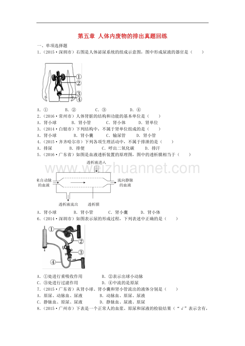 广东省深圳市2017版中考生物总复习第四单元第五章人体内废物的排出真题回练（无答案）.doc_第1页