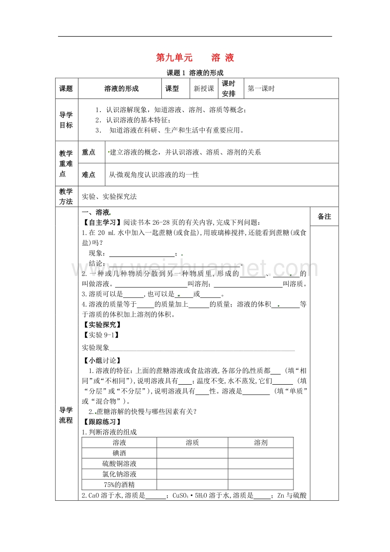 2018年四川省成都市金堂县又新镇九年级化学下册9.1溶液的形成（第1课时）教学案（无答案）（新版）新人教版.doc_第1页