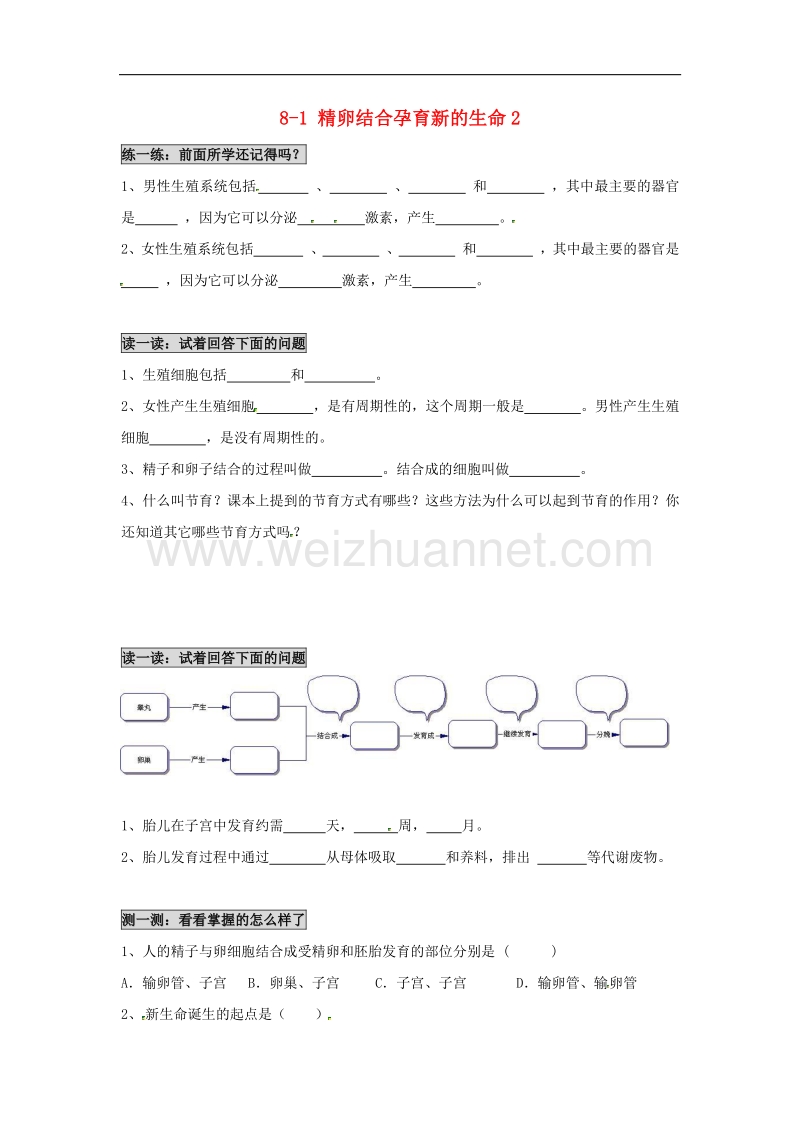 2018年江苏省南京市七年级生物下册8.1精卵结合孕育新的生命学案2（无答案）（新版）苏教版.doc_第1页