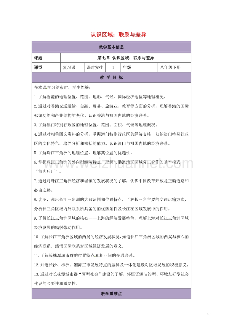 2017年八年级地理下册 第七章 认识区域：联系与差异复习教案 （新版）湘教版.doc_第1页