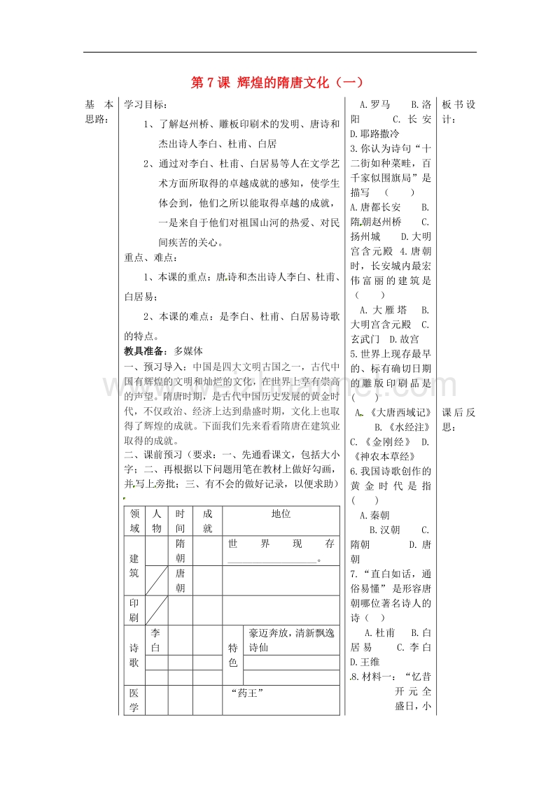 2018年山东省夏津实验中学七年级历史下册第7课 辉煌的隋唐文化（一）教学案（无答案） 新人教版.doc_第1页