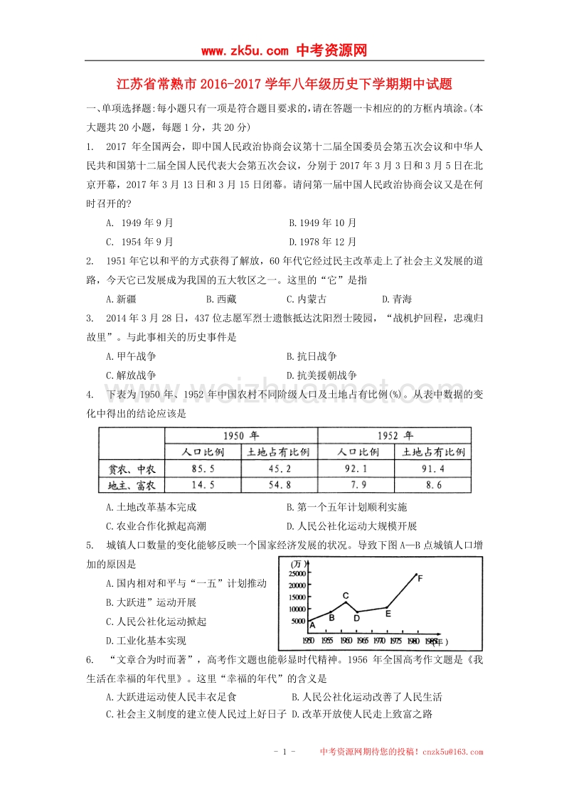 江苏省常熟市2016_2017学年度八年级历史下学期期中试题.doc_第1页