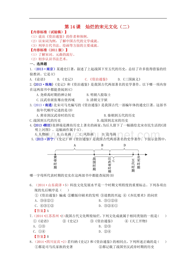 内蒙古自治区巴彦淖尔市五原三中2015版中考历史七下 14 灿烂的宋元文化（二）复习 新人教版.doc_第1页