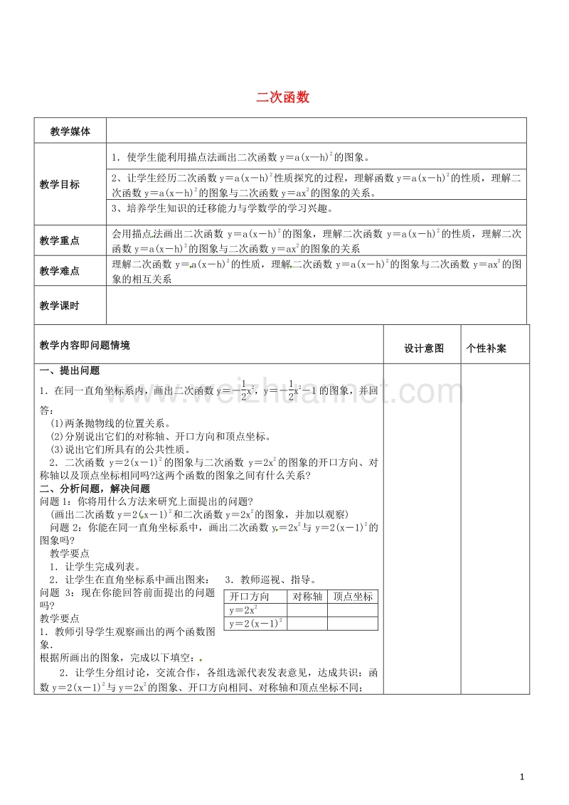 广东省东莞市寮步镇泉塘村九年级数学上册 第22章《二次函数》22.1 二次函数的图象和性质（四）教案 （新版）新人教版.doc_第1页