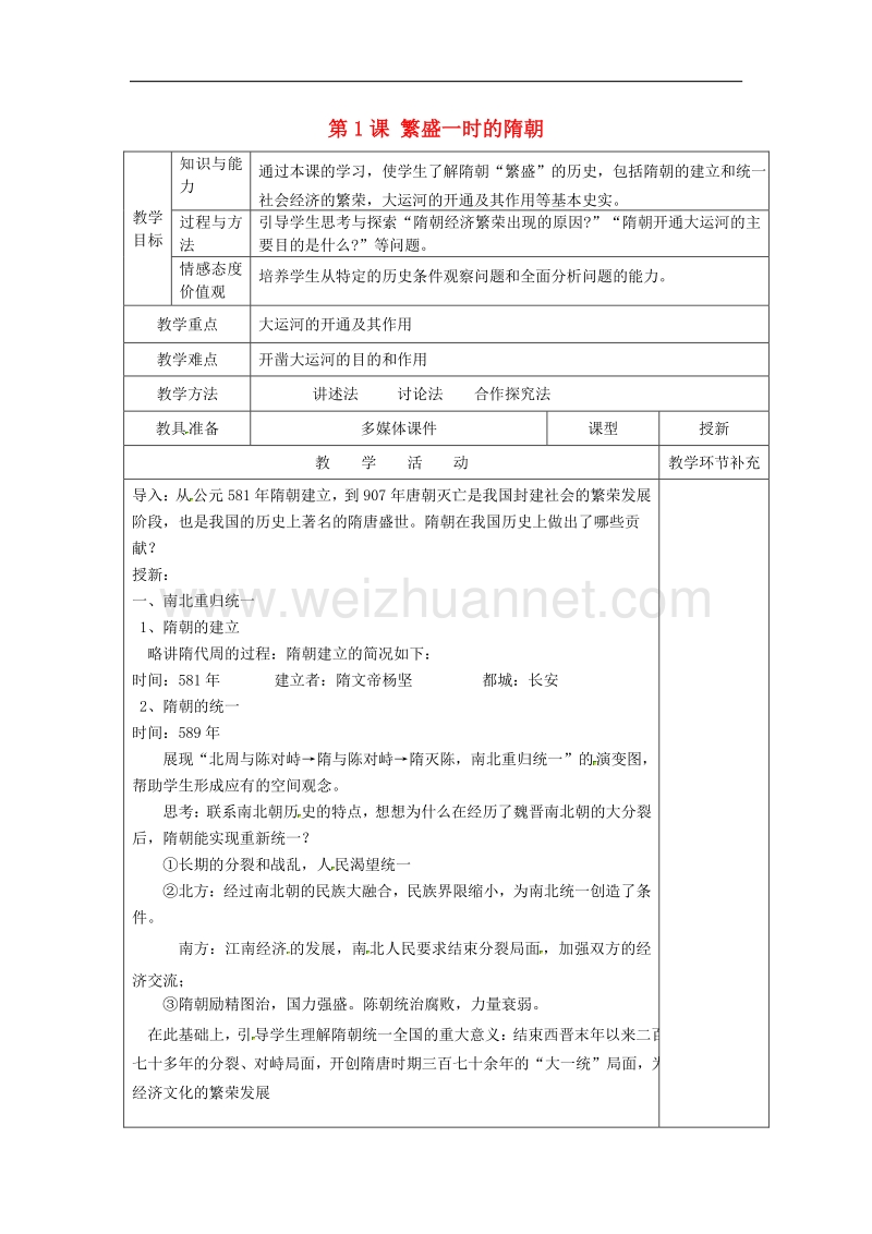 2018年天津市滨海新区大港小王庄中学七年级历史下册第1课 繁盛一时的隋朝教学设计 新人教版.doc_第1页