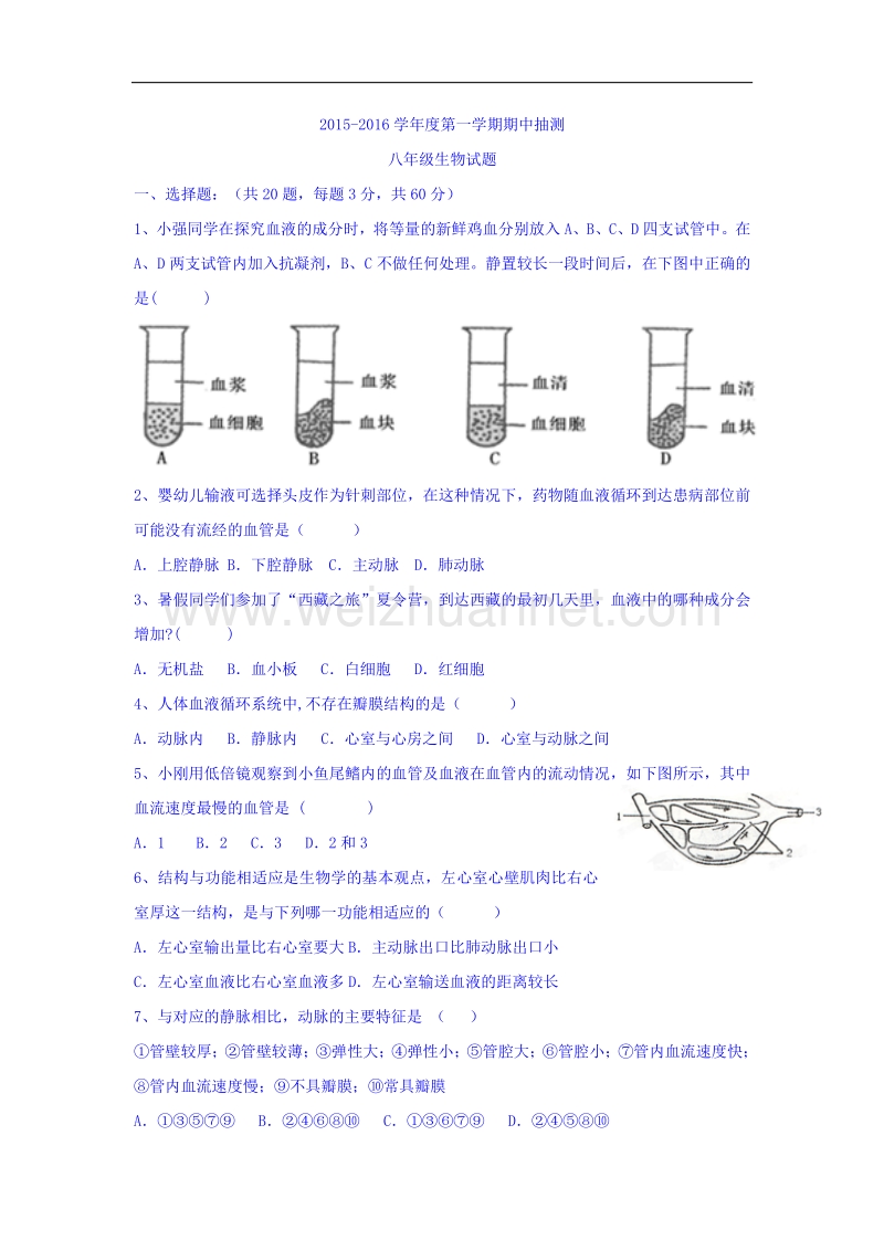 江苏省徐州市铜山区2015-2016学年度八年级上学期期中考试生物试题.doc_第1页