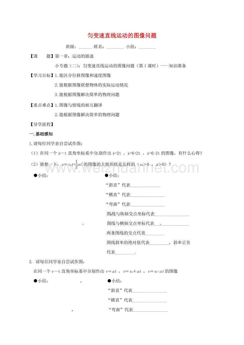 四川省北大附中高中物理 第一章 运动的描述 小专题（二）：匀变速直线运动的图像问题（第1课时）导学案（无答案）新人教版必修1.doc_第1页