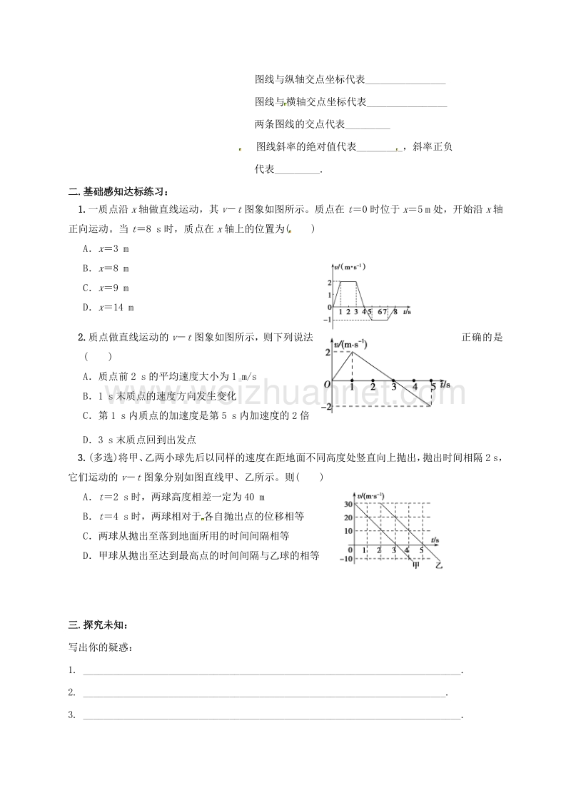 四川省北大附中高中物理 第一章 运动的描述 小专题（二）：匀变速直线运动的图像问题（第1课时）导学案（无答案）新人教版必修1.doc_第2页