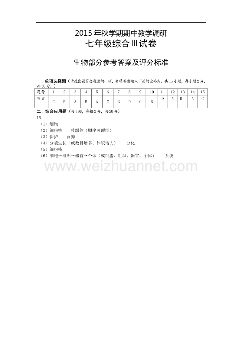 江苏省滨海县第一初级中学2015-2016学年度七年级上学期期中考试生物试卷.doc_第3页